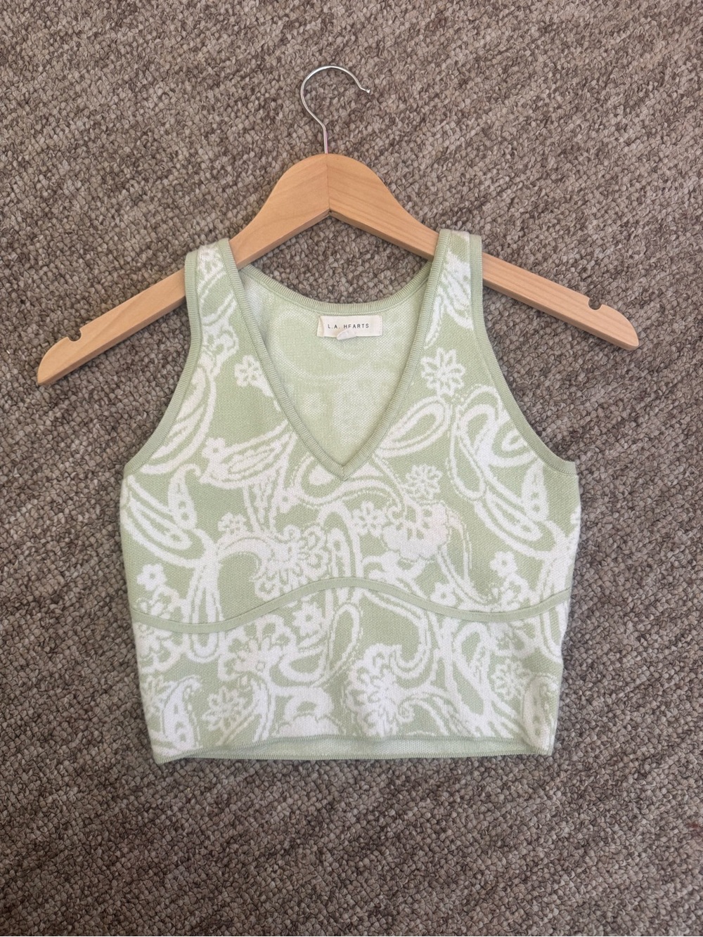 Y2K Lace-Pattern V-Neck Knit Crop Tank in Sage S